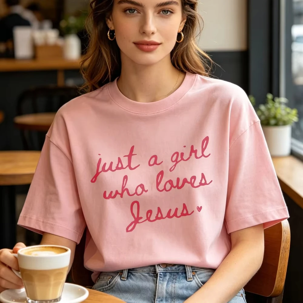 Just A Girl Who Loves Jesus Christian Shirt For Women Casual Short Sleeve Tees Light Pink Faith Inspired Tee Christian Women Tee