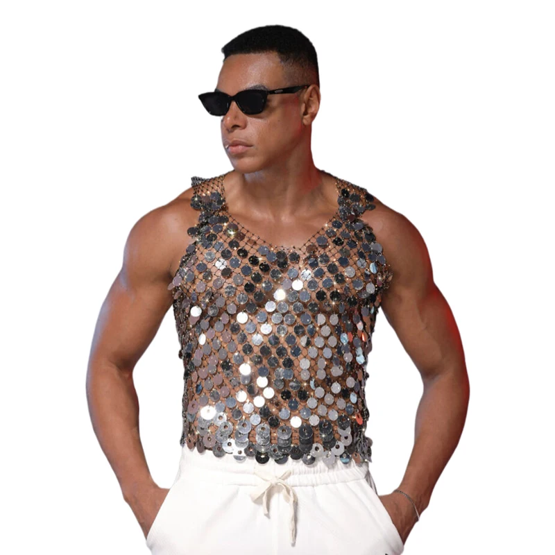 Herren Pailletten-Tanktop Ärmellos Transparentes Netz-Oberteil Ausgehöhlt Nachtclub Party Festival Rave Mode Y2K Top футболка+женская – Detail 8