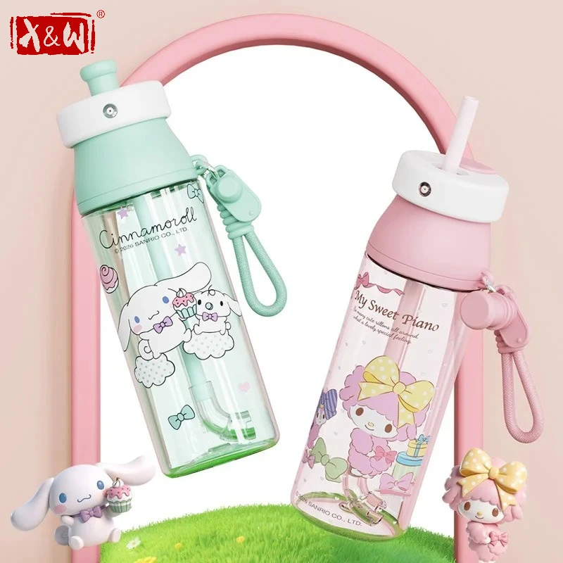 X&W for Sanrio 500ml Kids Spray Water Cup Cartoon Kuromi Hello Kitty Straw Water Bottle Summer Portable Outdoor Drinking Cups