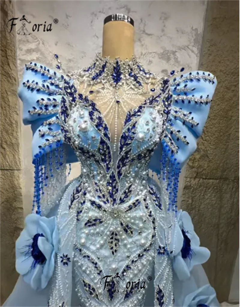 Exquisite Perlen-Abendkleider für Damen mit Abnehmbarer Schleppe Blau Dubai 3D-Blumen-Applikationen Hochzeitskleider Couture-Partykleider