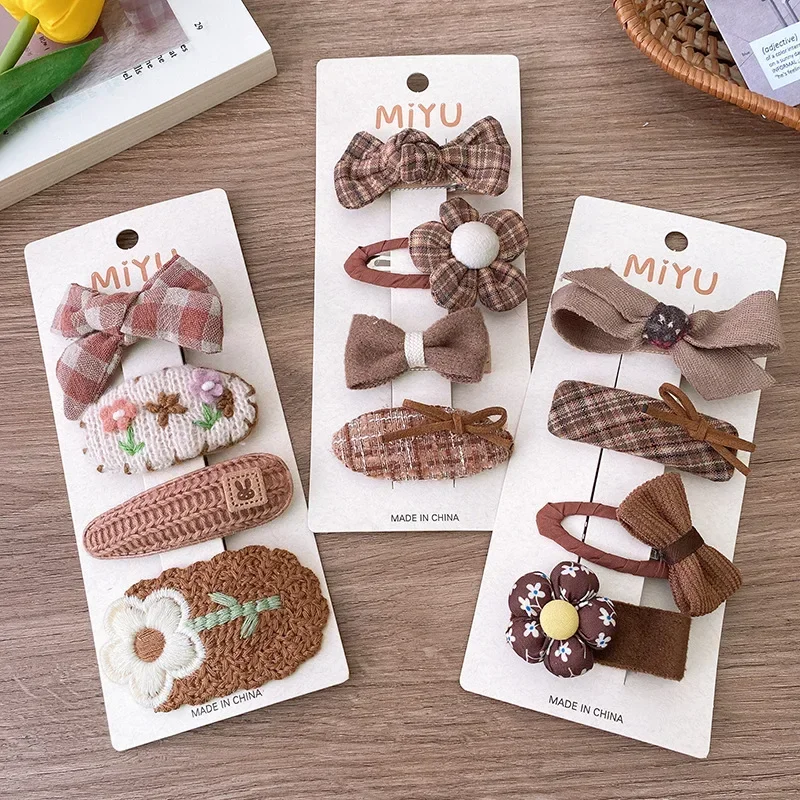 4pcs/set Coffee Color Kids Girl Hair Clip Sweet Princess Floral Hairpin for Toddler Cartoon Bang Side Clip Little Girl Headwear