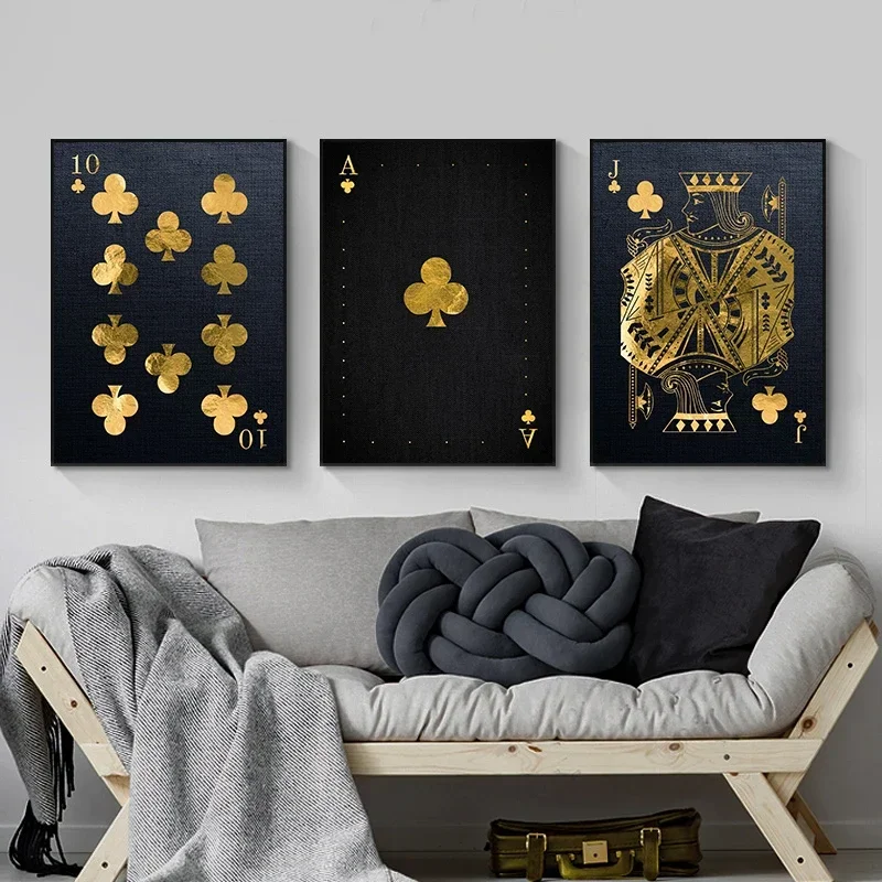 Jack Queen and King Playing Cards Ace of Spade Card Golden Poker Poster Art Canvas Painting for Living Room Home Art Decor