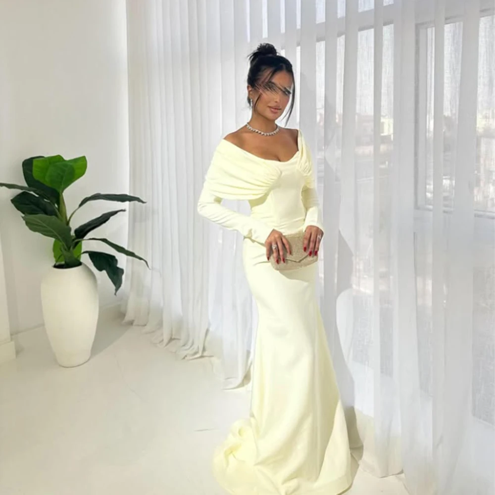 

Customized Beige Off the Shoulder Mermaid Jersey Evening Dresses Full Sleeves Floor Length Formal Pageant Prom Gown Simple