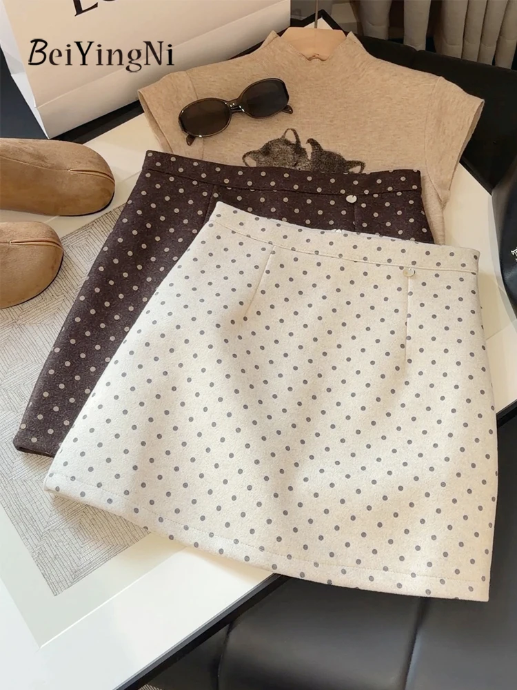 Beiyingni 2026 New Collection Sexy Women's Skirts Autumn Winter Polka Dot Printed Korean A-line Skirt Kawaii Casual Brown Skirt