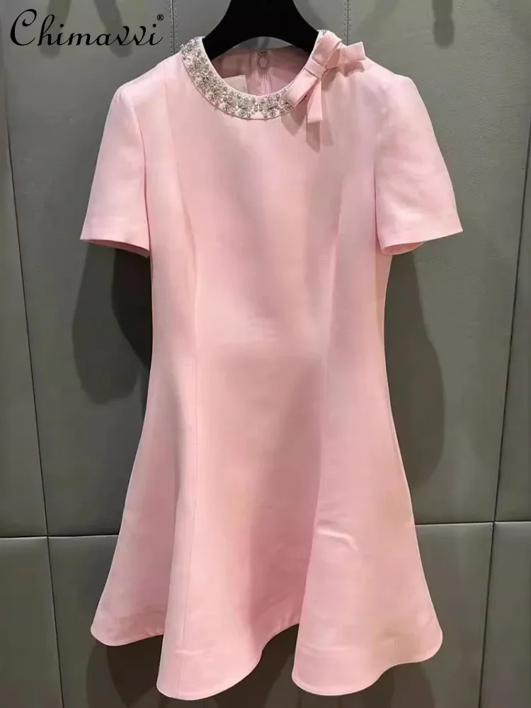 

French Elegant Socialite Diamond Bow Round Collar Short Sleeve High Waist A-Line Slim-Fit Sweet Pink Princess Dress for Women