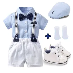 Baptismal Baby Boy Set Boss Baby Outift for 1 Year Old Gentleman Formal Suit Polo Romper Suspenders Pants Tie Birthday Party