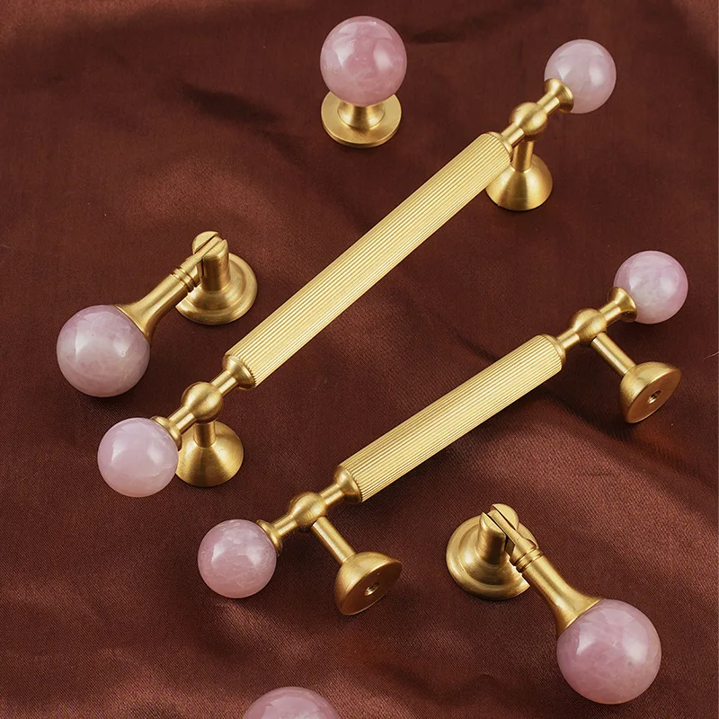 Pink Rose Quartz + Brass Cabinet Pulls,Natural Crystal Ball Knobs for Kitchen Cupboard Dresser Wardrobe, Gold Furniture Hardware