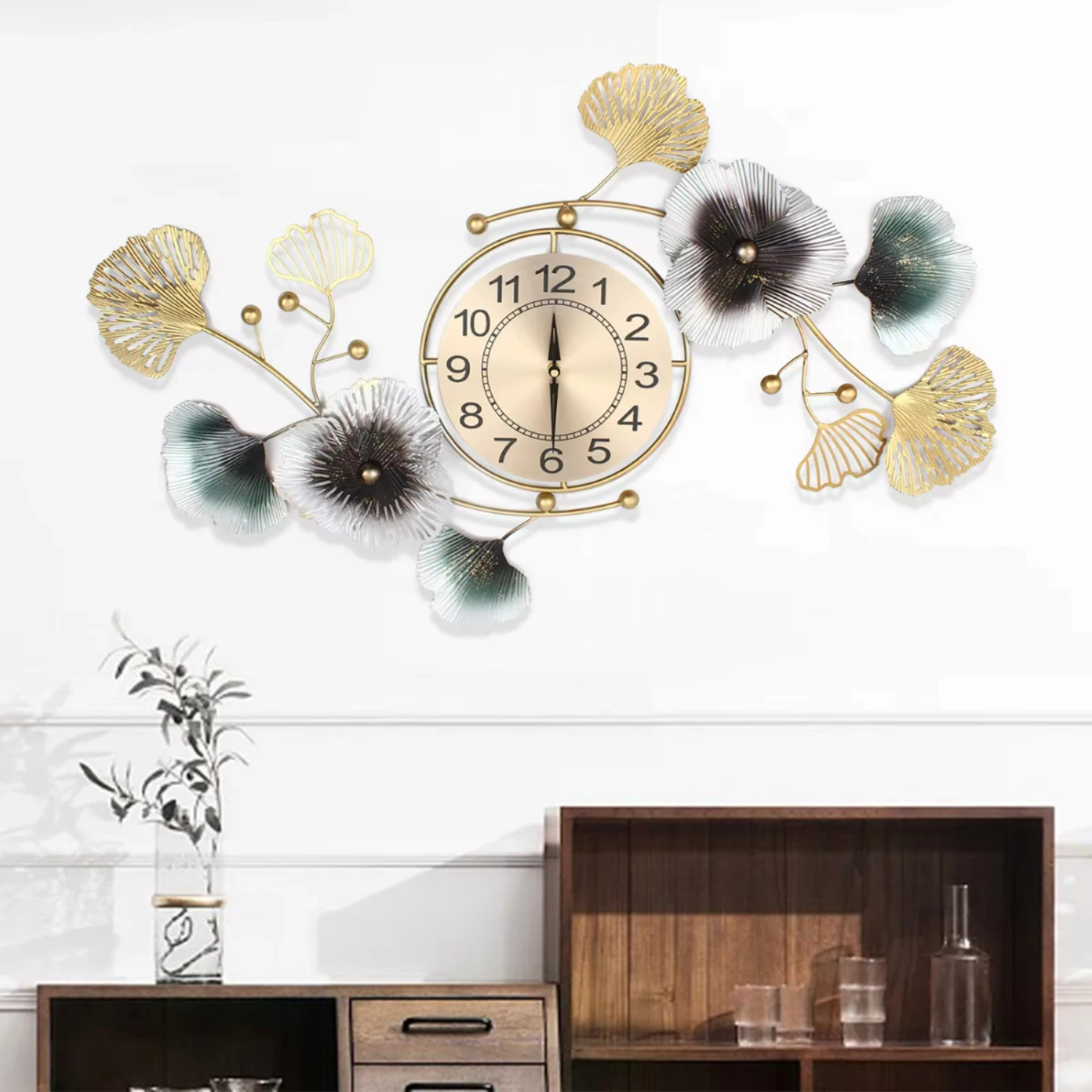 Light  Atmosphere Ginkgo Leaf Wall Clock Mute DIY Large Wall Clock Metal   Office Decorations  Living Room Wall clock digital