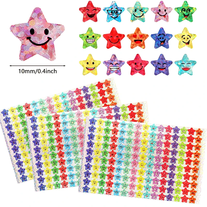 

750/1500pcs 15 Designs Happy Face Glitter Foil Small Star Stickers Student Reward Chart Labels DIY Crafts Scrapbooking School