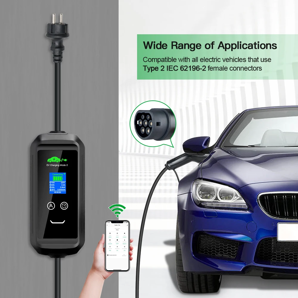 Portable EV Charger Type2 IEC62196-2 16A 3.6kw Tuya APP EVSE Charging Cable Schuko Plug  Wallbox for Electric Car With 3.5m