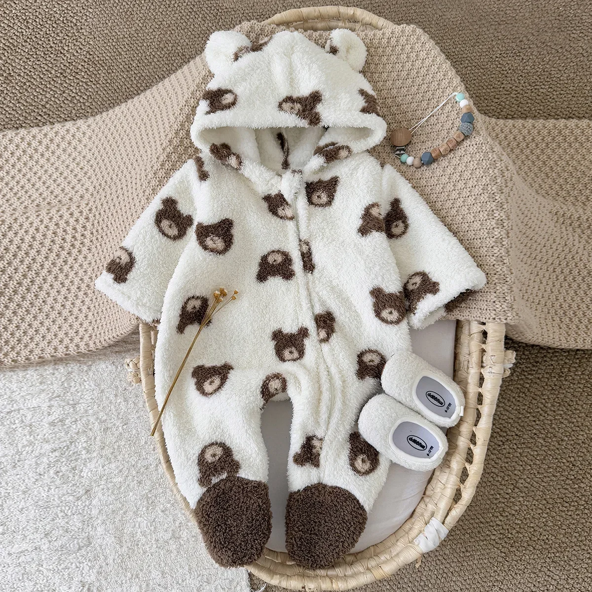 

Newborn Autumn Winter Rice Grain Fleece Jumpsuit Cute Bear Print 0-18M Baby Warm Footed Romper