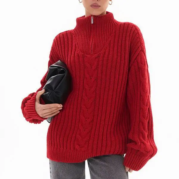 Autumn/Winter 2024 Zipper Half High Collar Fried Dough Twists Stripe Loose Long Sleeve Knitted Pullover Sweater Women