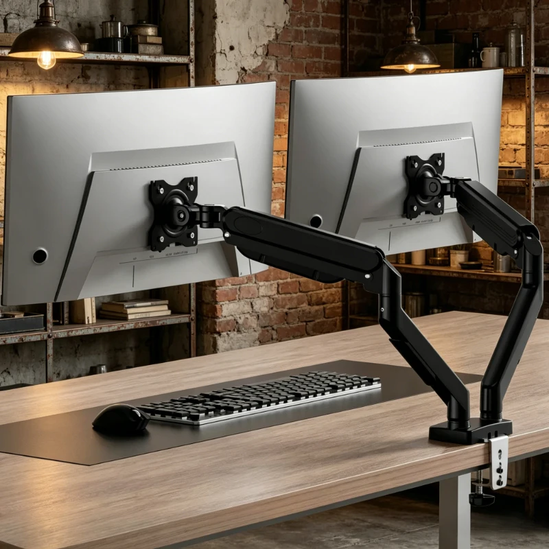 Multi-angle dual monitor bracket for 1332 inch displays, flexible swivel rotation design to upgrade home office workstation