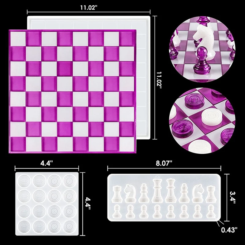 Xadrez Conjunto com Damas Board Silicone Resina Mold Kit, Cristal Epóxi Fundição Moldes, DIY Arte Artesanato Fazendo