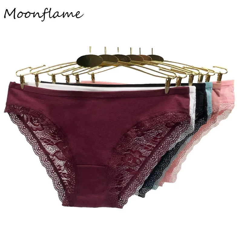 Moonflame Women Underwear 5 pcs/lots Cotton Sexy Lace Briefs Panties M L XL