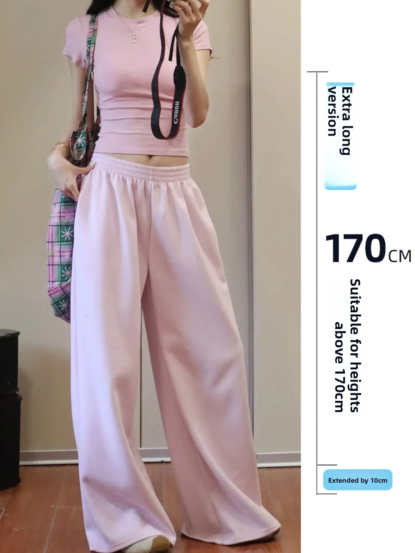 

Loose Fit Wide Leg Straight Pants Women's Casual Sports Trousers Floor-Length Draped Feel Autumn Collection Pink Color