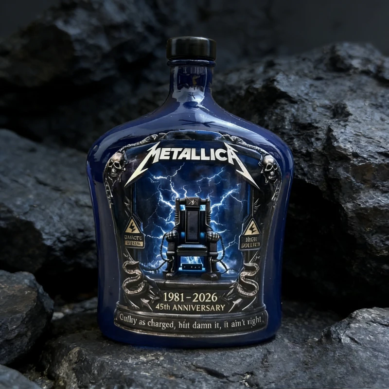 Metallica 45th Anniversary 1981-2026 Blue Ceramic Whiskey Bottle - Lightning Electric Chair Design Collection Decorative Bottle