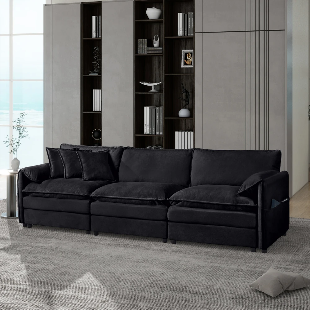 

Oversized Deep Seat Sectional Sofa - Modern Chenille Cloud, 3-Seater Modular with 3 Pillows, DIY, Black