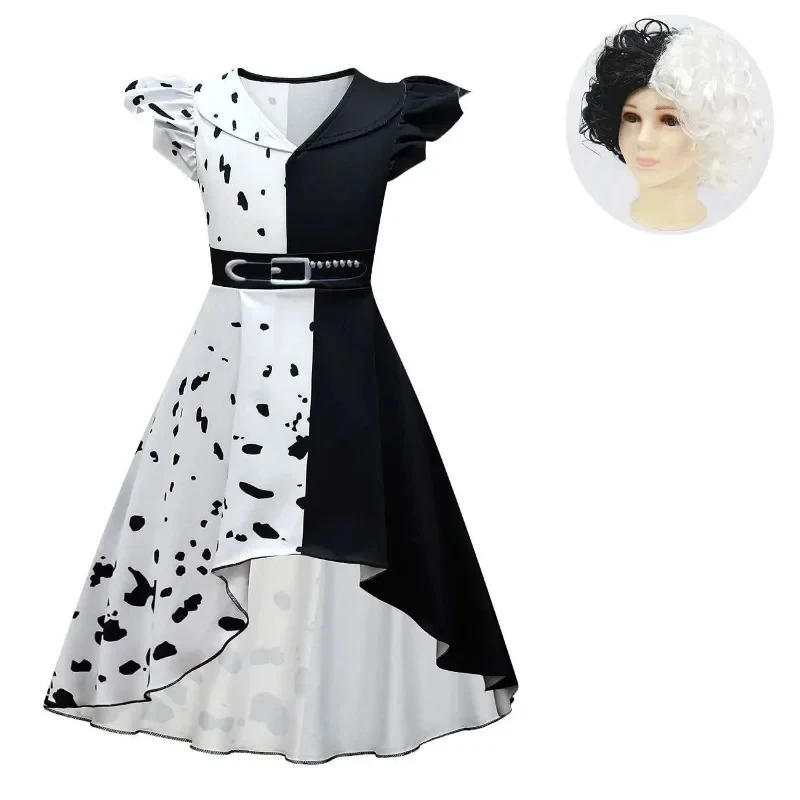 Halloween Evil Madame Cruella De Vil Cosplay Costume for Kids Woman Half Black Half White Wig Girls Princess Summer Night Dress