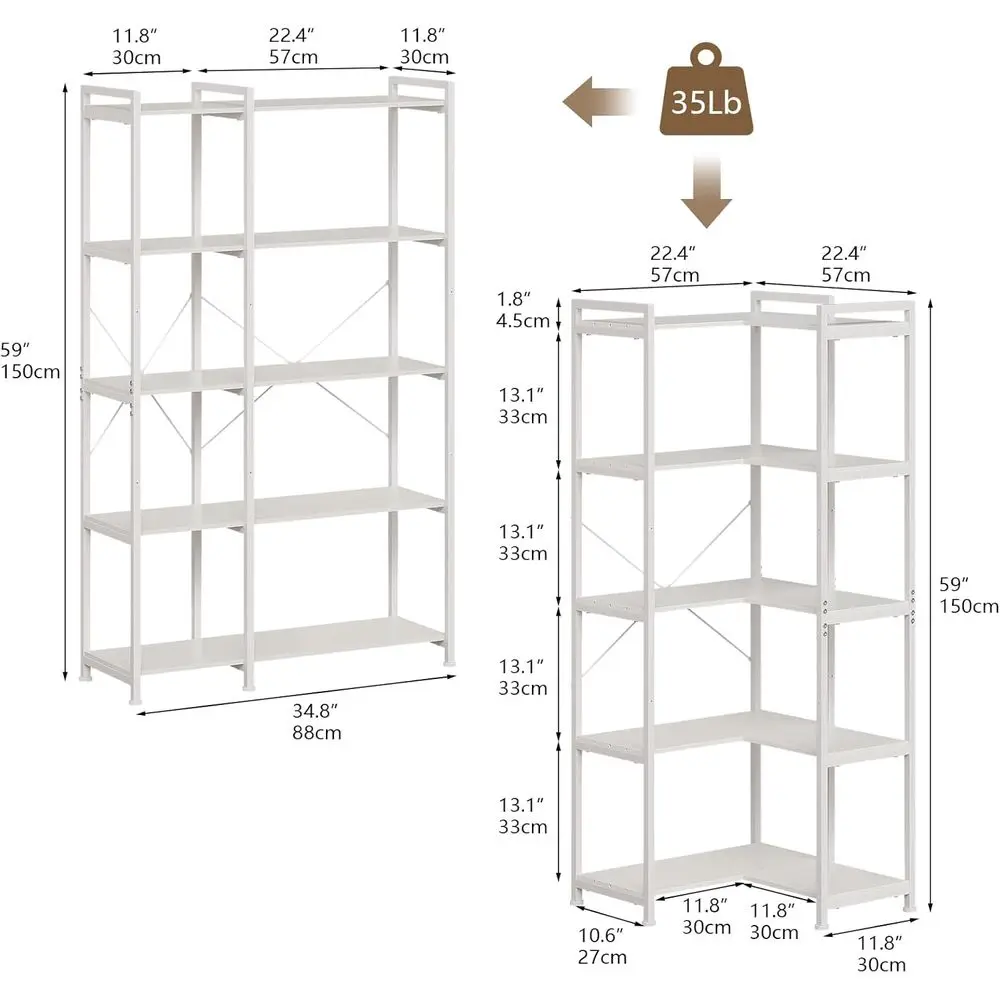 Bookshelf 5 Tier Deformable Corner Bookcase Free Standing Modern Industrial Book Storage Display Book Shelf for Bedroom Living R