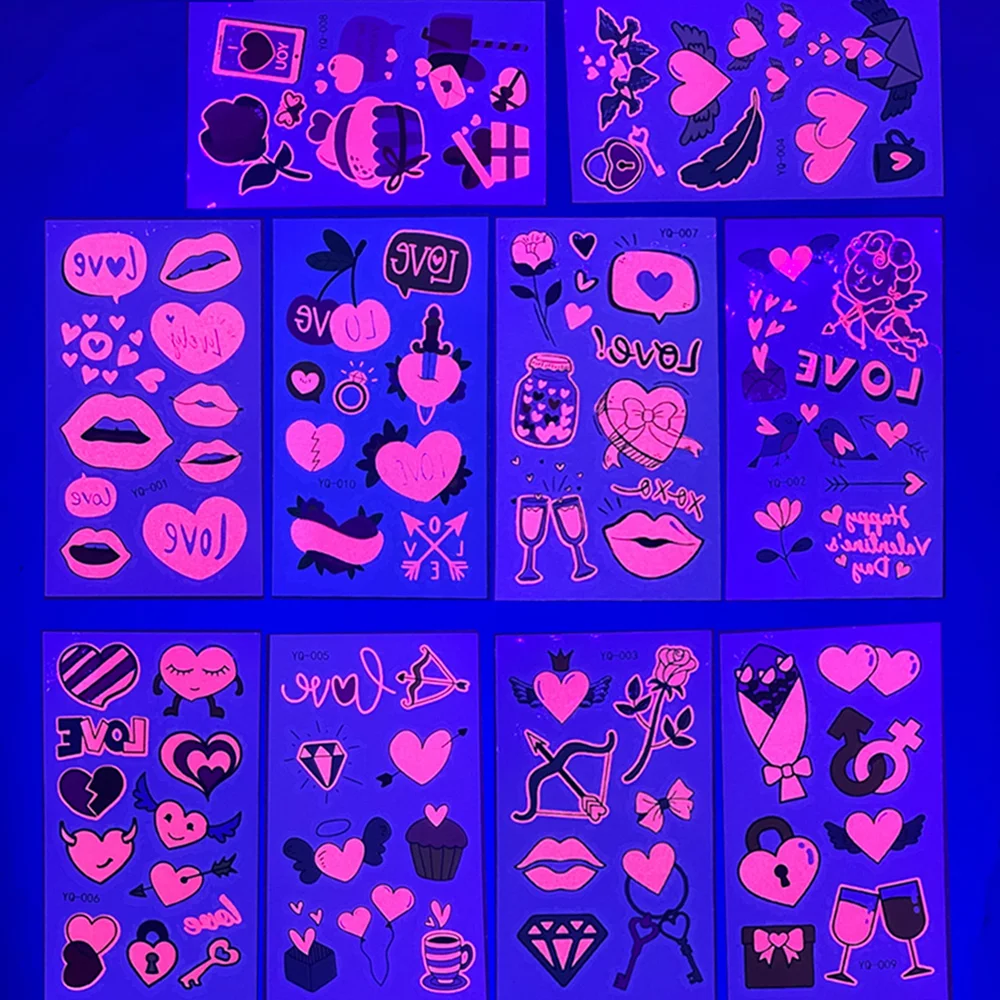 

10 Sheets UV Neon Temporary Tattoos Pink Love Lips Rose Shimmer Designs Love Glow In The Dark Tattoos Stickers Body Face Art