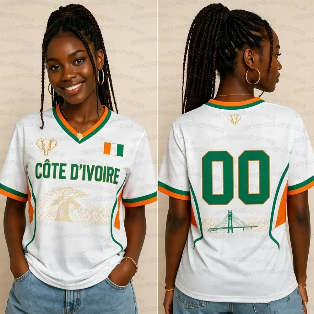 Summer Women's Men's Côte d'Ivoire Print V-Neck Short Sleeve T-Shirt Ivory Coast Tee Jerseys Plus Size Sport T-Shirt Soccer Fans