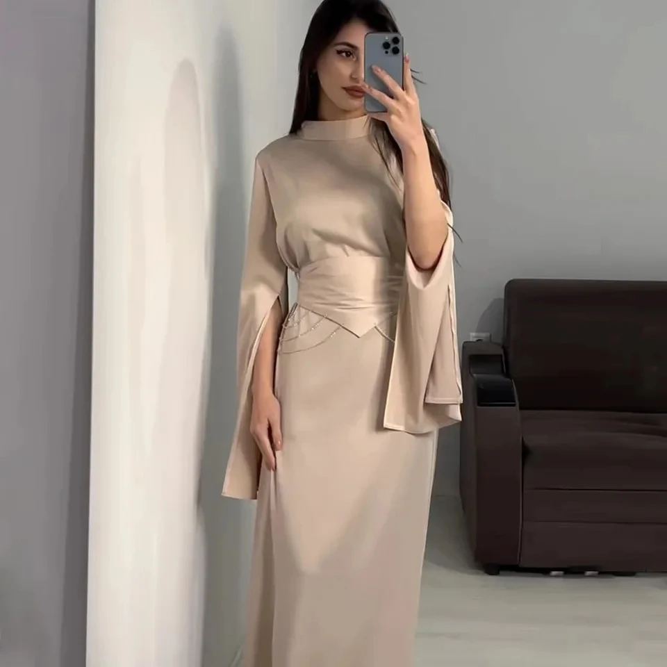 

Satin Collection Style Half High Collar Long Sleeve Dress Women 2025 Summer Fashion Elegant Maxi Dresses