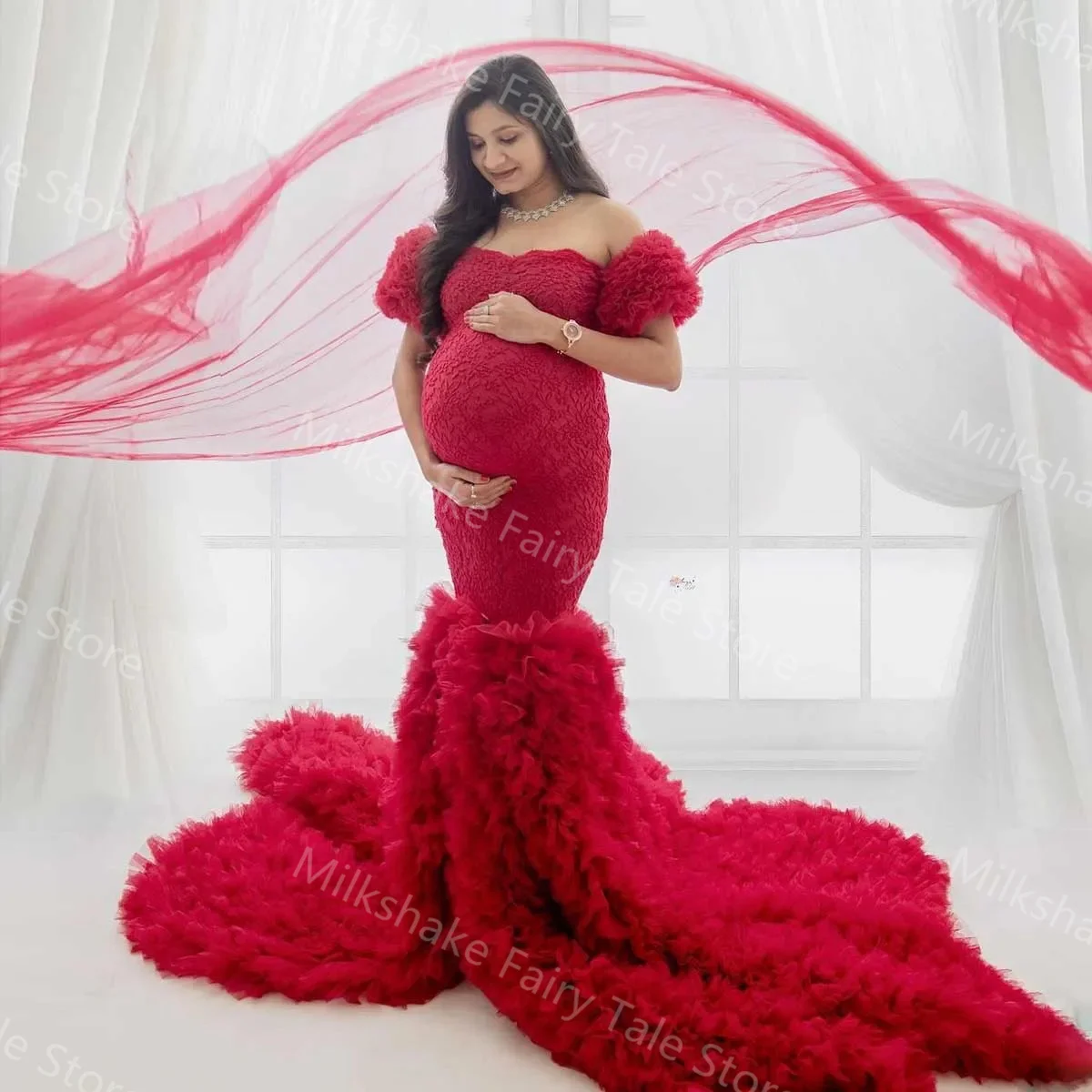 الساحرة الأحمر الأمومة الجلباب قبالة الكتف الدانتيل حورية البحر النساء التصوير فساتين قطار الاجتياح المتدرج الكشكشة استحمام الطفل العباءات #5