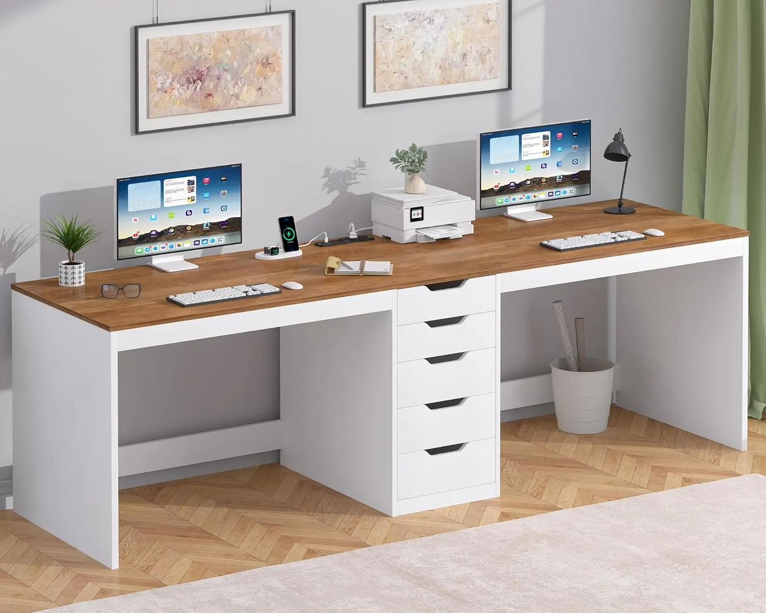 79 Inch 2 Person Desk 5 Drawers & Outlets Home Office Computer Desk Storage Cabinet Double Desk Spacious Tabletop, Customized