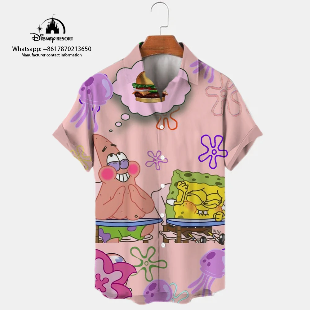 

Fashion Harajuku Street SpongeBob SquarePants Anime New Summer Casual Shirt Trendy All-match Men's Lapel Short-sleeved Shirt