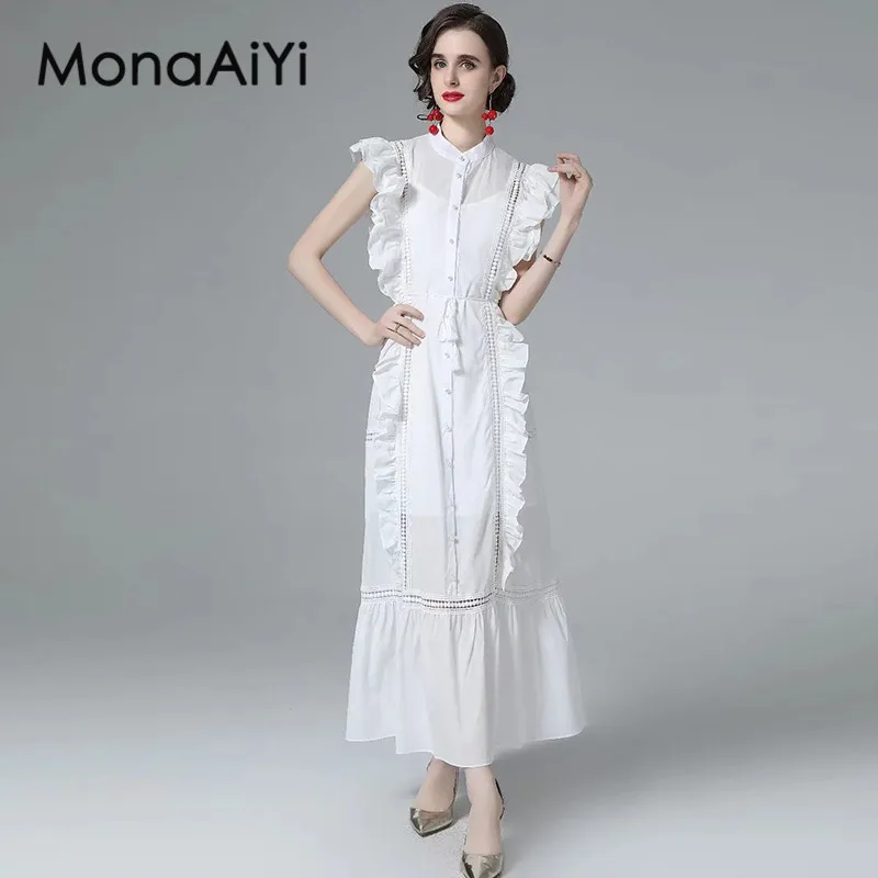 

MonaAiYi Women's Casual Daily Basic Vacation Style Dress Summer Stand Collar Single-Breasted Flounced Edge Dresses