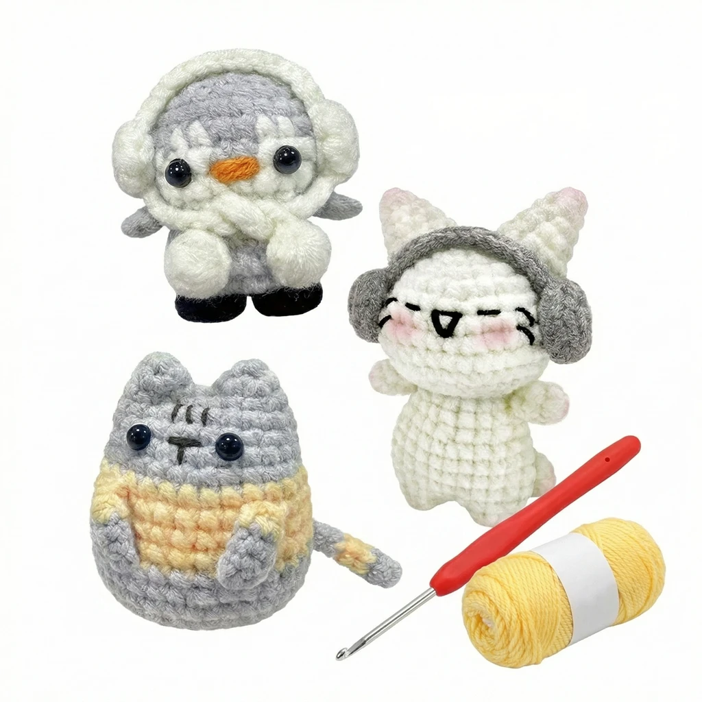 Animal Crochet Kit for Beginners-3 Pack Rabbit Cat Penguin, Easy to Learn 1