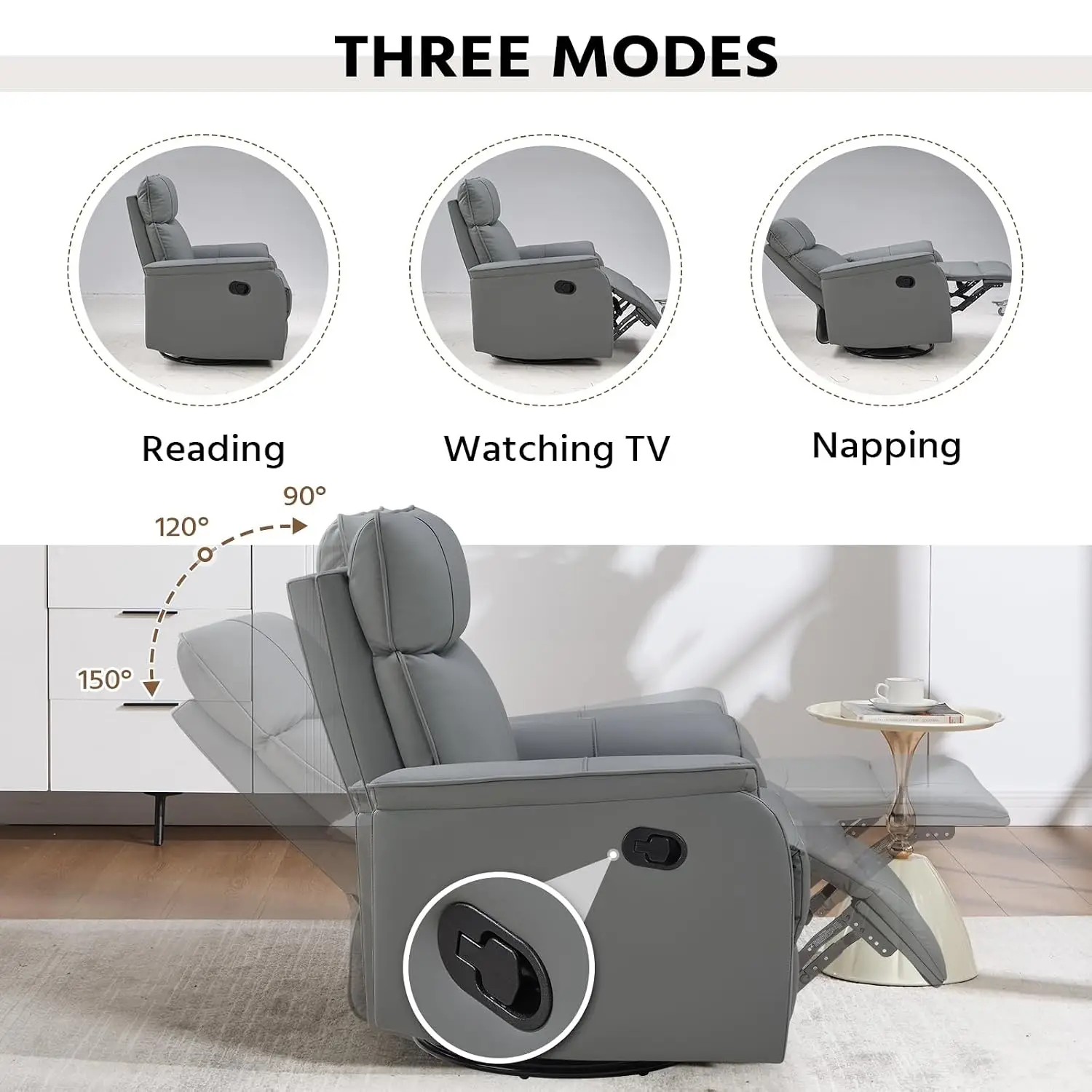 Swivel Rocker Recliner Set of 2, Manual Faux Leather Glider for Adults, 360° Nursery Sofa with Padded Backrest, Grey, Customized