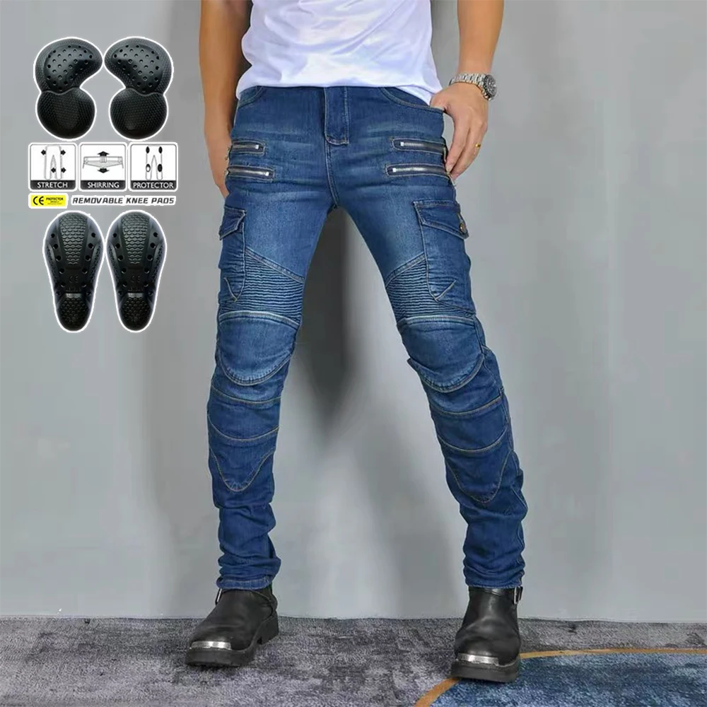 

New Zipper Metal Style Blue Black Motocross Moto Trousers Men Outdoor Riding Racing Jeans Motorcycle With Protective Gear Pants