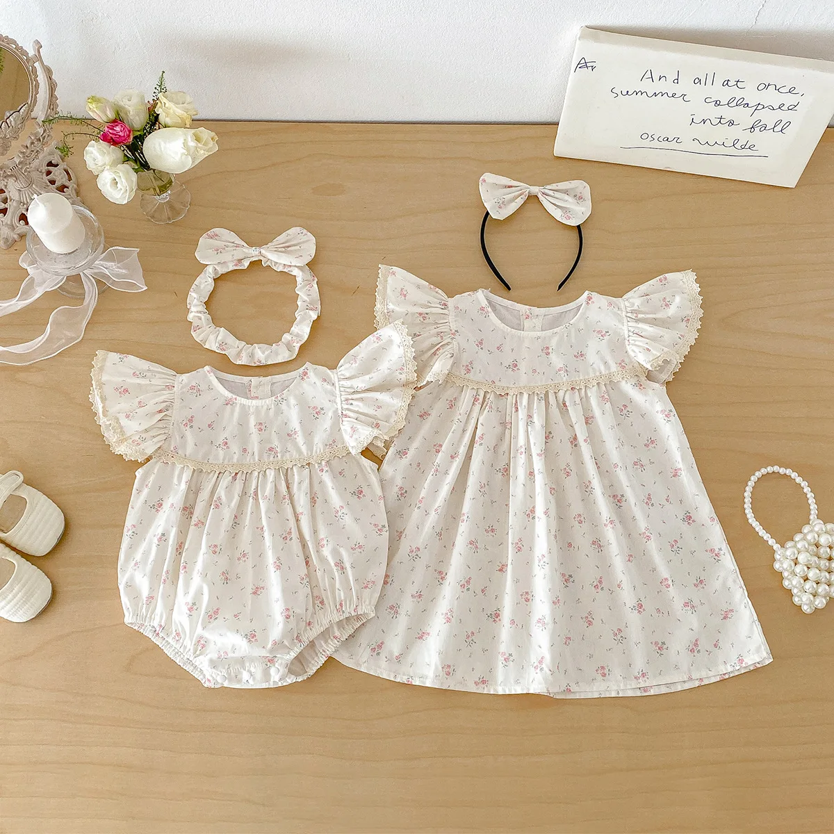 Summer Korean Fashion Matching Sibling Outfits Baby Bodysuit Toddler Girl Dress Fresh Style Short Sleeve Cute Print Casual Set