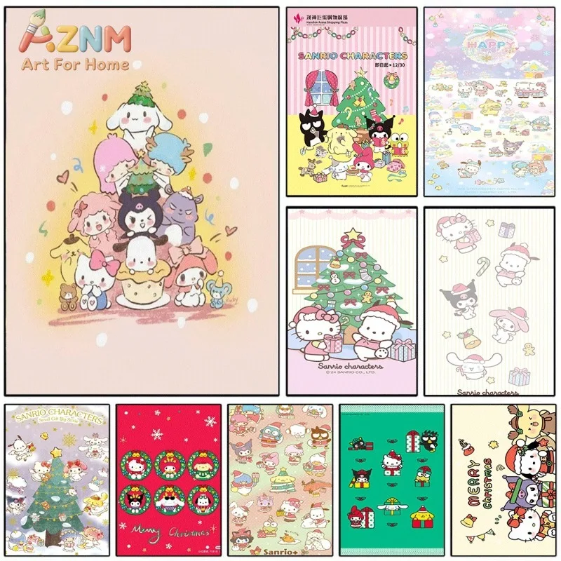 Sanrio Christmas Group Canvas Wall Art Unframed Canvas Poster Kawaii Xmas Print for Kids Room Wall Decor Gift