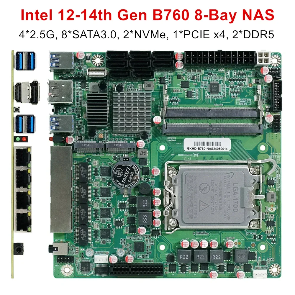 B760 8-Bay NAS Motherboard Intel 12-14th Gen LGA1700 8*SATA 2*NVMe 4*2.5G 1*PCIEX4 2*DDR5 Firewall Router 17x17 Mainboard