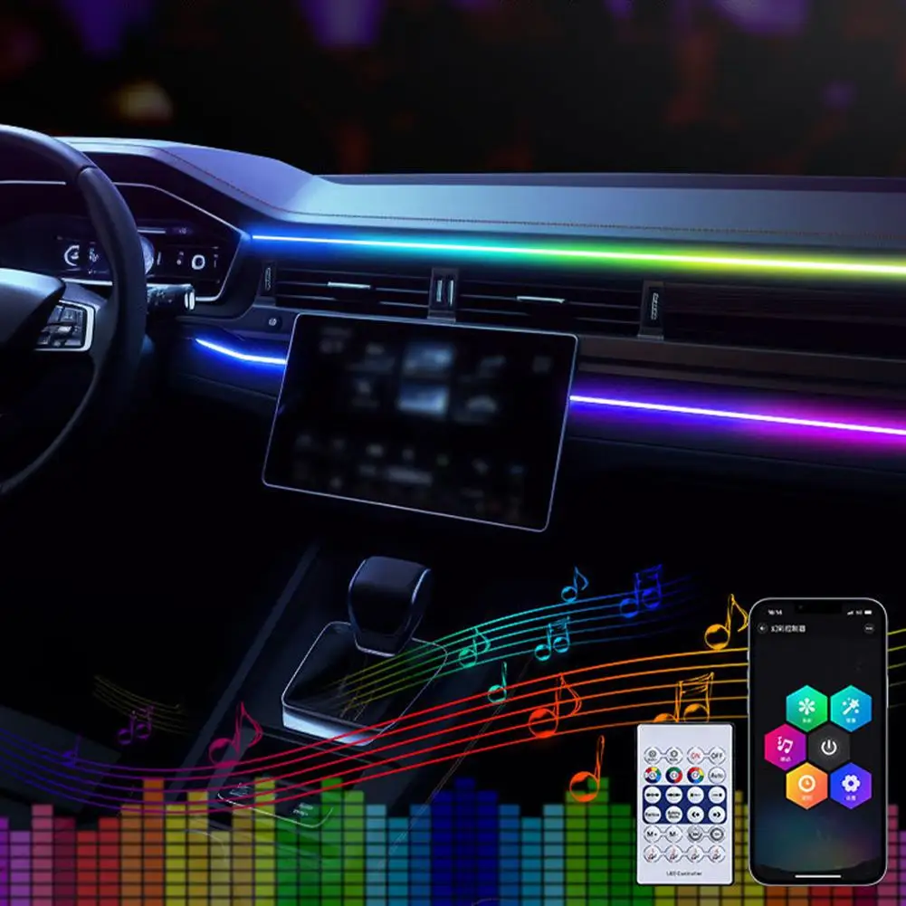 64 ألوان سيارة LED المحيطة شرائط مصباح USB الاكريليك RGB APP جو مصباح تصميم عن بعد المخفية الداخلية ضوء 43.3in كونترو A2Y8