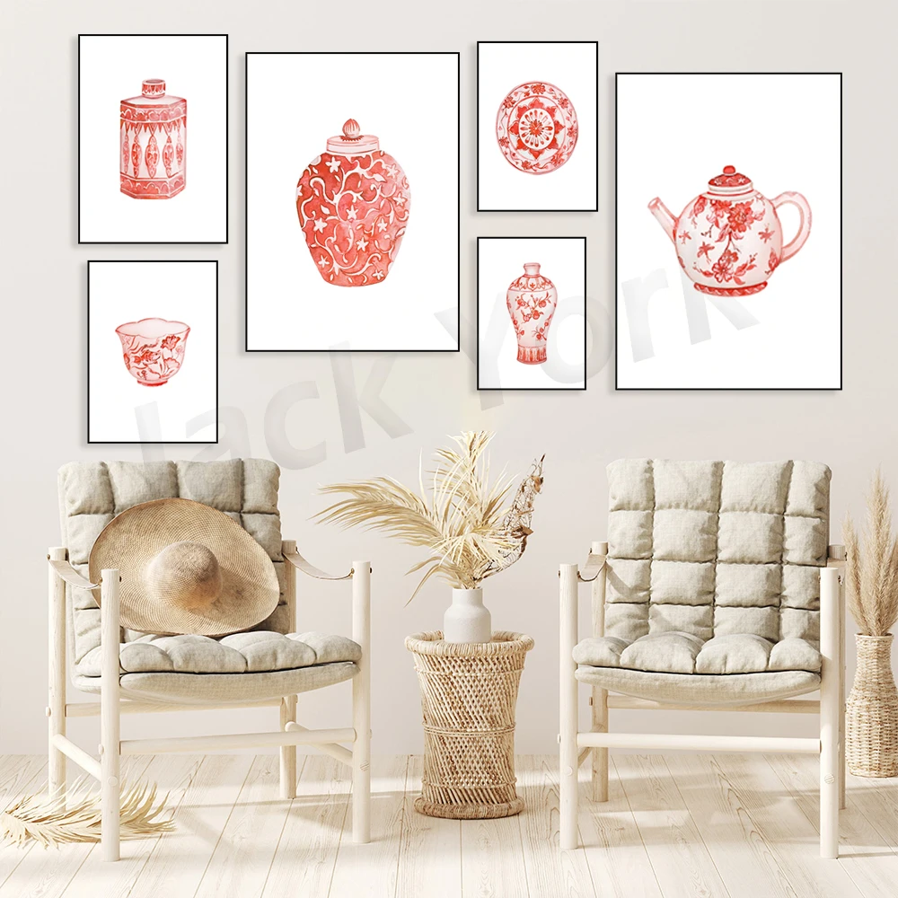 Watercolor Chinoiserie Printable Art , red and white chinoiserie art print red china vase print asian art