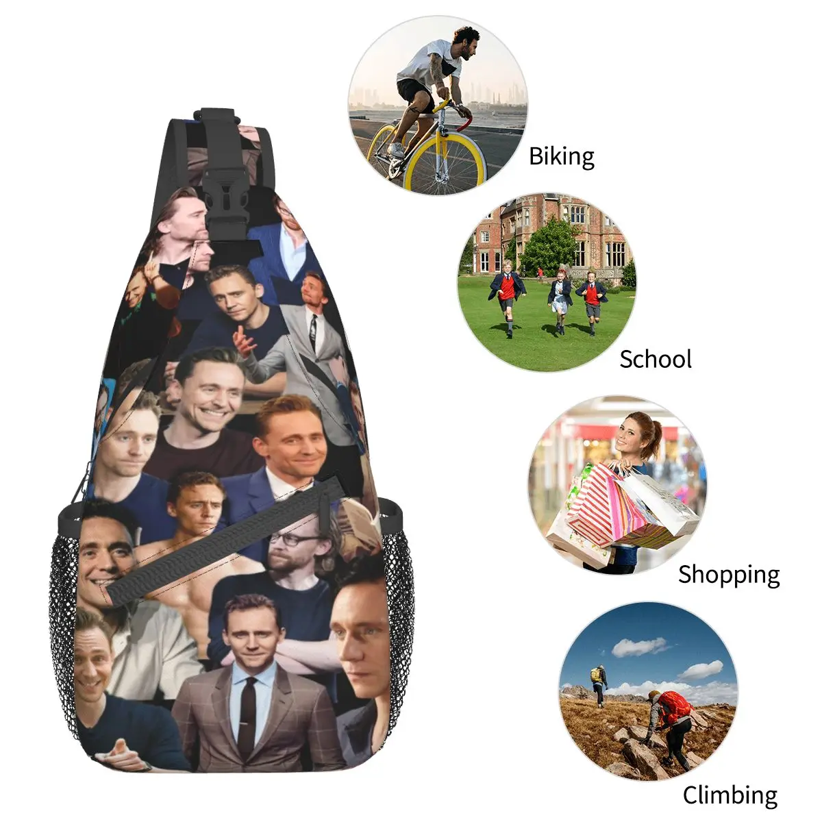 Tom Hiddleston Collage Small Sling Bag Chest Crossbody Shoulder Backpack Travel Hiking Daypacks Actor Pattern Pack