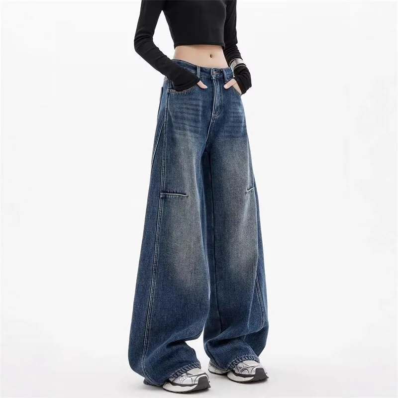 

American Retro Wide-leg Jeans Women's Spring and Autumn Large Size Fat Mm High Waist Casual Mopping Straight Loose Pants
