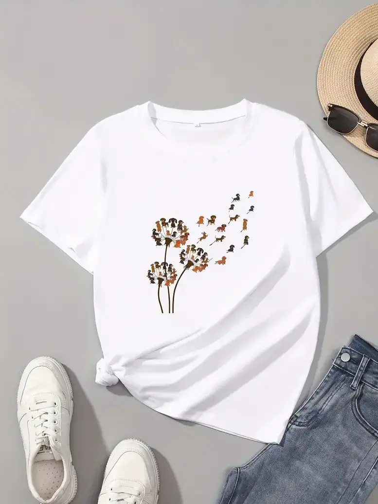 Dandelion Dog Print T-shirt Fun Street Cute Cartoon Women's T-shirt Fashion Casual Summer Colored Top 2024 New Harajuku