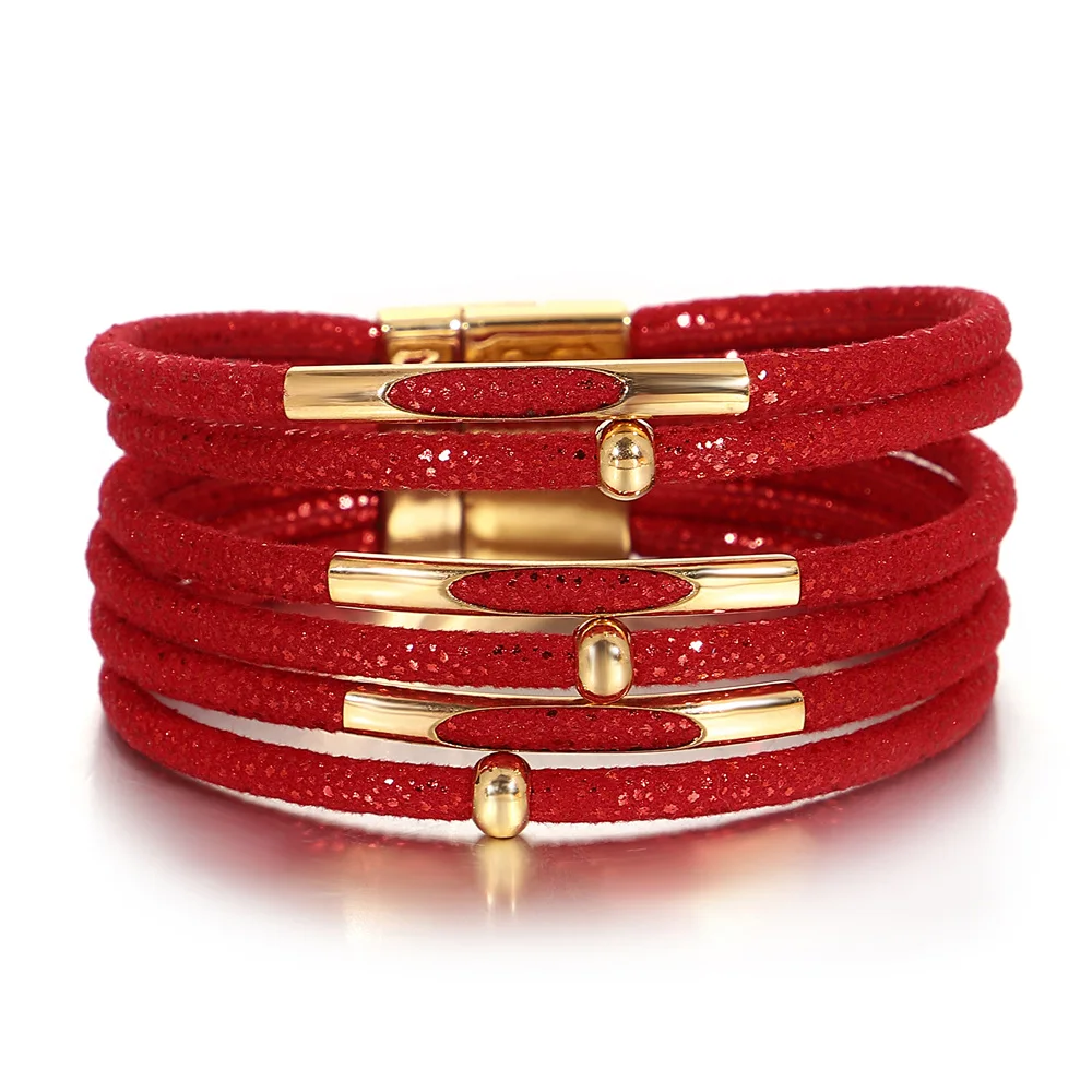 ALLYES Fashion Metal Tube Sequins Leather Bracelet for Women Shiny Boho Multilayer Wrap Wide Bracelets Party Christmas Jewelry