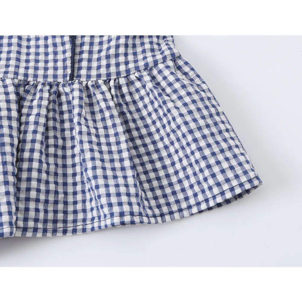 New in Summer Women Gingham Peplum Blouse with A-line Hem Elegant Stylish V-neck Short Balloon Sleeves Blouse with Elastic Cuffs 6
