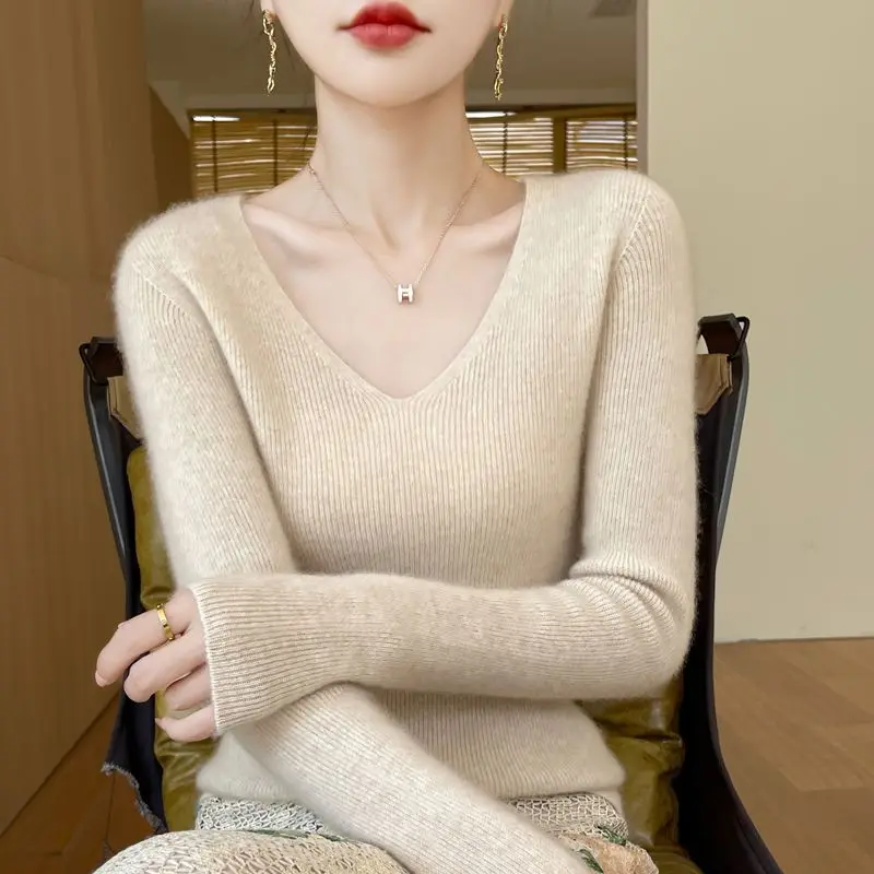 

Autumn Winter Wool Sweater V-neck Slim-fitting and Thin Long-sleeved Casual Temperament Sweater Bottoming Knitted Sweater Women