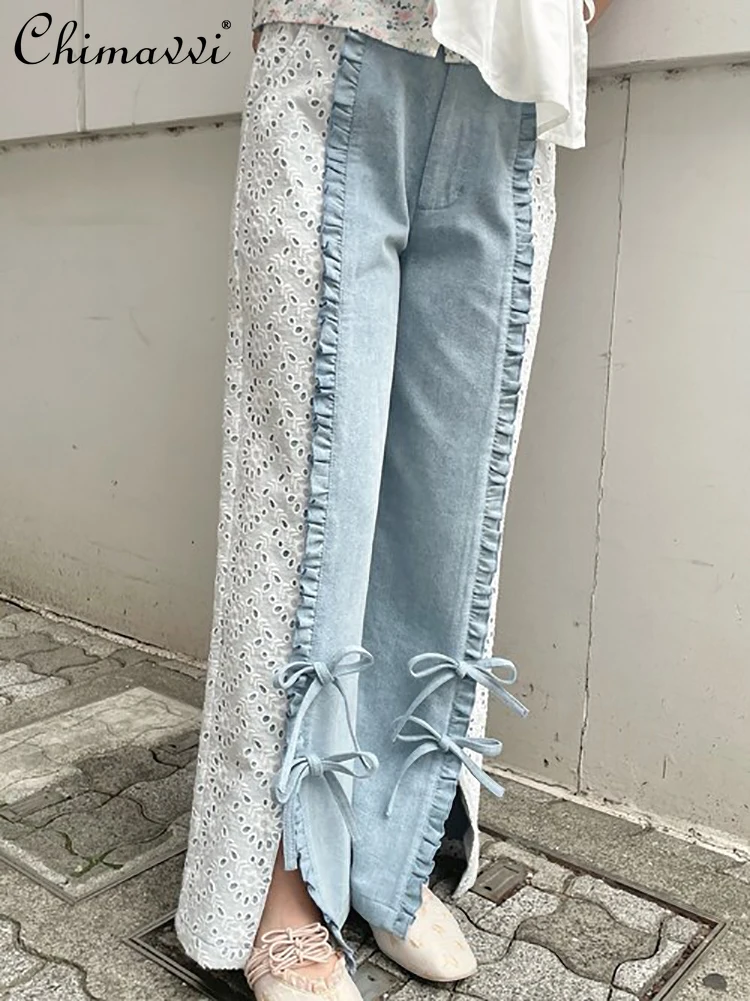 Japanese Personalized Hollow Lace Splicing Pinch Pleated Hem Split Bow Jeans Spring New Sweet Girl Elastic Waist Jeans Women