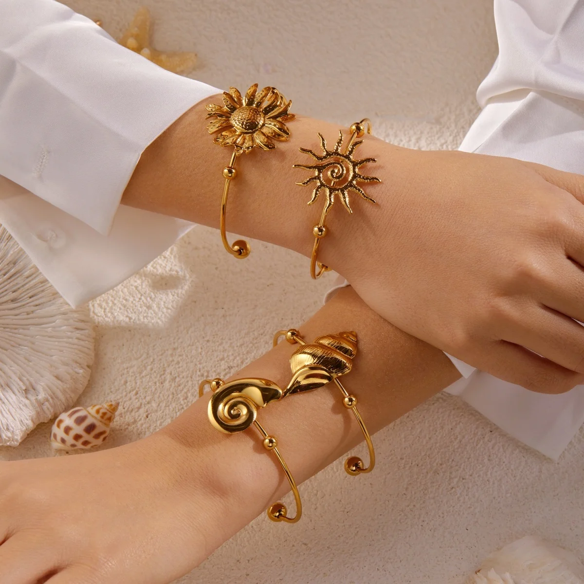 Einfache Edelstahl-Sonnenarmbänder für Damen und Herren, Gänseblümchen-, Muschel-, Spiral-, Oktopus-, Schildkröten-Armreif, Ozean-, Strand-, Urlaubsschmuck – Detail 4