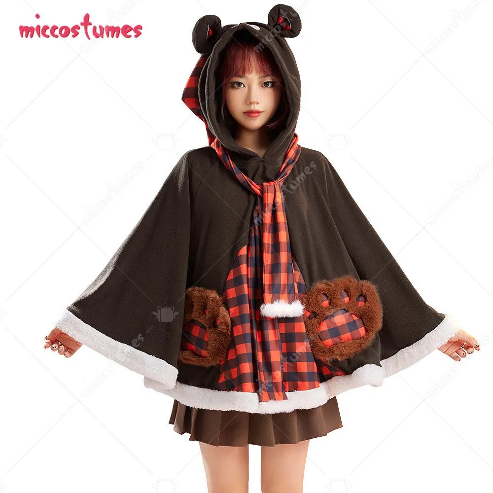 Women Christmas Hooded Cloak Bear Pattern Plaid Poncho Cape Coat for Women Cosplay Costume