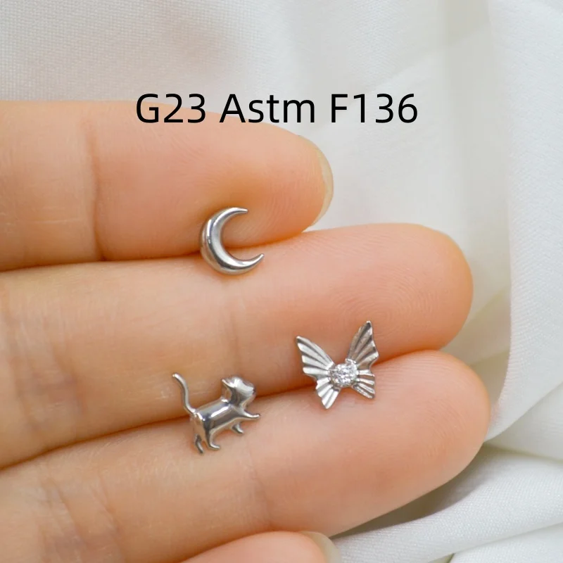 

10pcs Body Piercing Jewelry G23 Titanium Moon Cat Shape Lip Labret Bar Ear Short Barbells Helix Tragus Rook Cartilage NEW