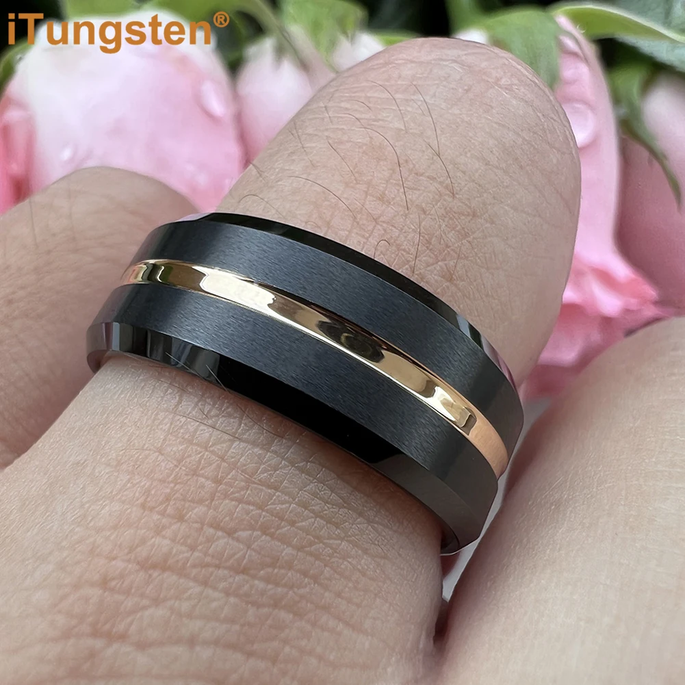 iTungsten 8mm Dropshipping Men Women Wedding Band Tungsten Carbide Ring Black Rose Color Center Groove Satin Finish Comfort Fit